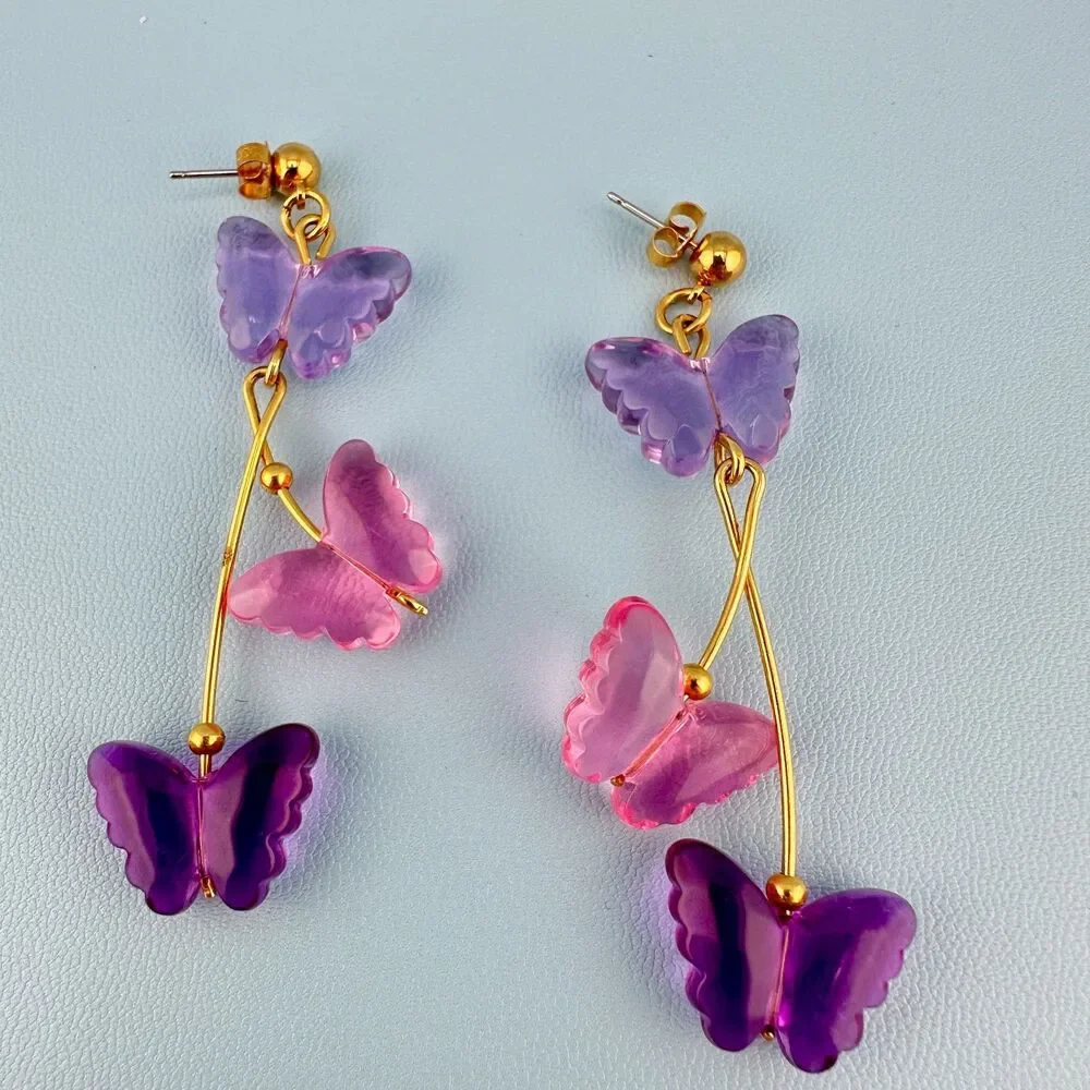 Vintage Butterfly Dangle Earrings Pink Purple Lucite Gold Tone Pierced Signed